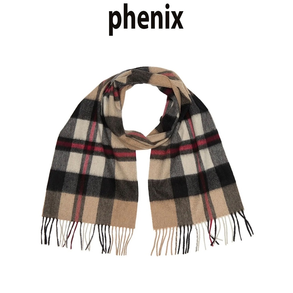 PHENIX NWT UNISEX PLAID 100% CASHMERE FRINGE TRIM CAMEL MULTI SCARF. 70X10.5.in